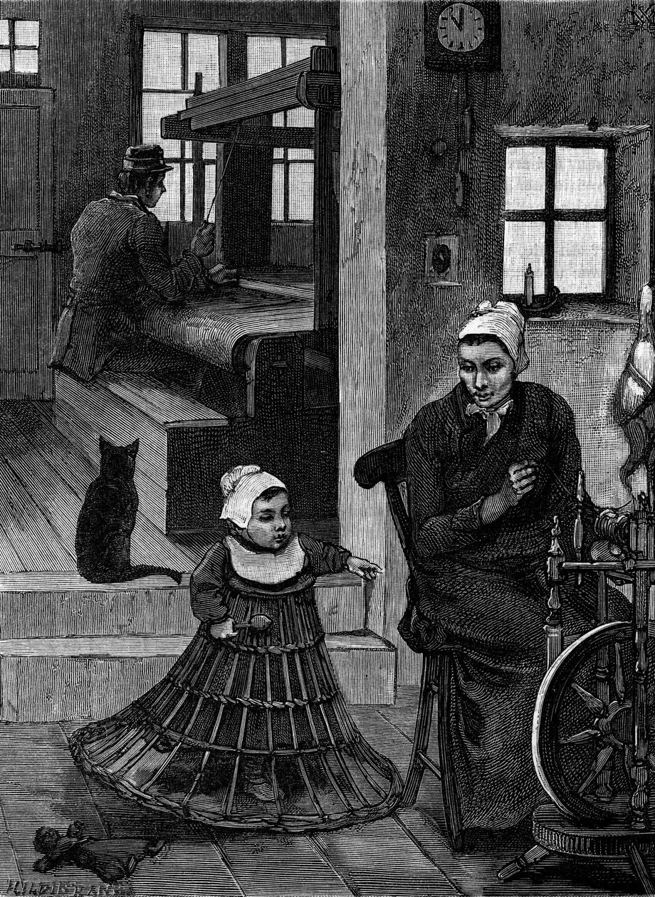 Linne: vävarinteriör med vävare och spinnhjul. Gravyr i "" Le Journal de la jeunesse"" av French School