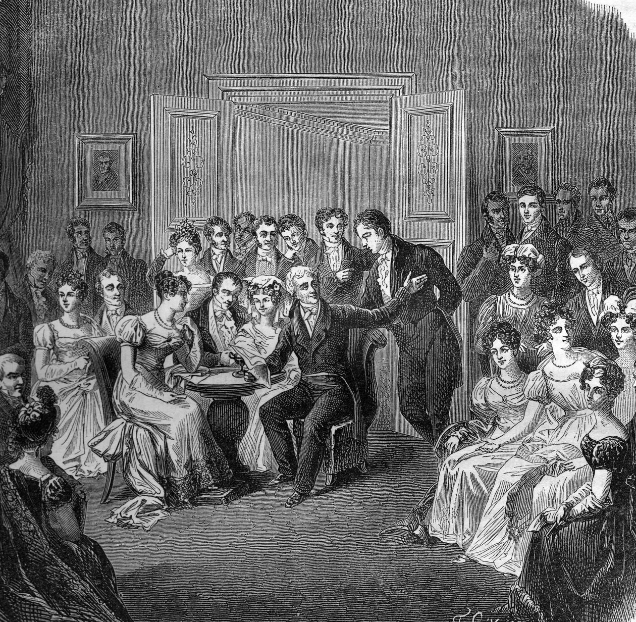Litterär salong på 1800-talet: Francois Auguste Parceval de Grandmaison (Parceval Grandmaison, Parceval-Grandmaison) (1759-1834) läser verser ur sin dikt av "Philippe Auguste" i en lounge på det gamla hotellet i Larochefoucauld 1824. Gravyr från av French School