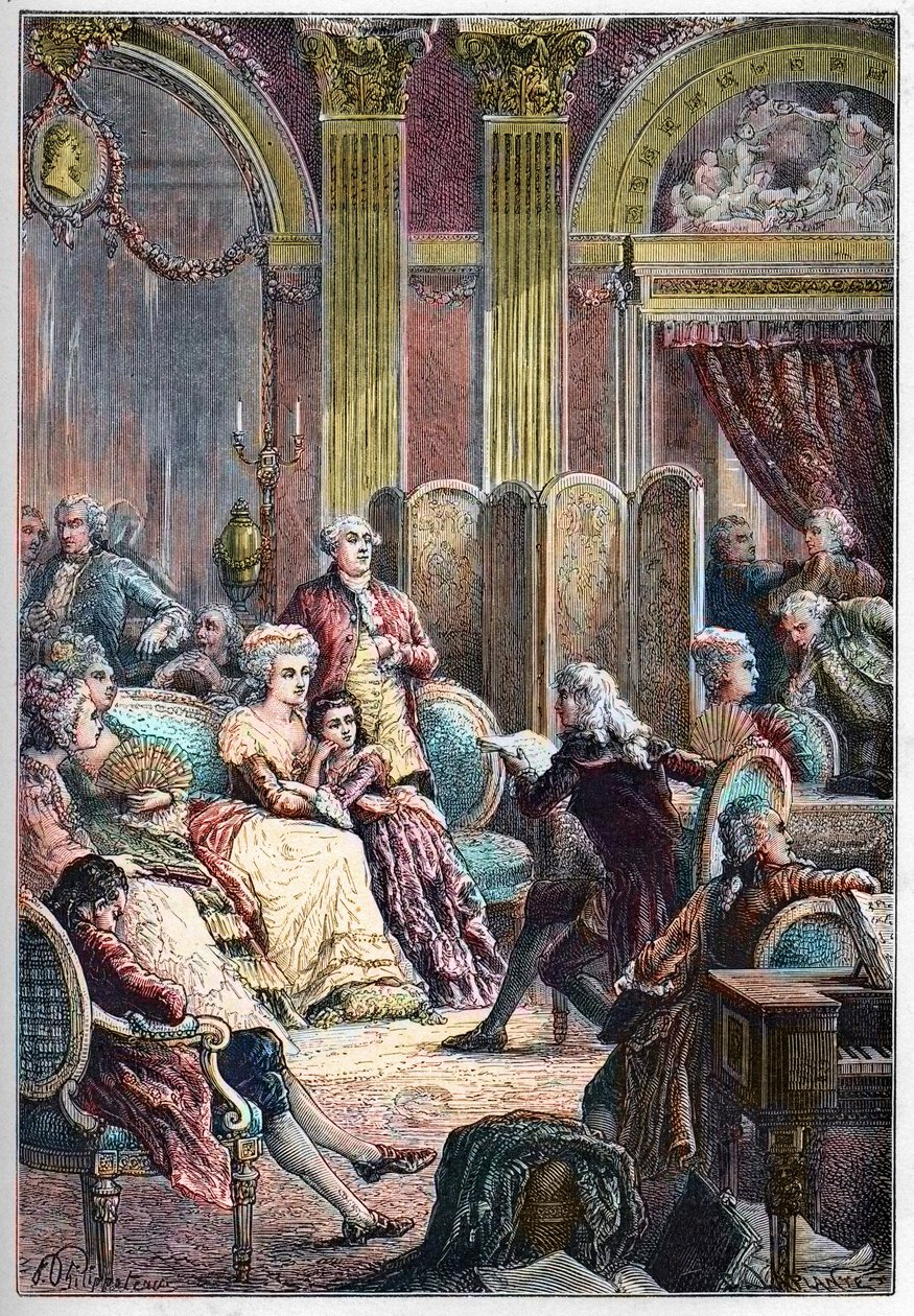 Litterary Salon - Läsning av "" Paul and Virginie"" av Jacques-Henri Bernardin från Saint-Pierre (Saint Pierre) i Madame Neckers salonger i Paris - tillsammans med Mme Necker hennes man Jacques Necker och hennes dotter Germaine, senare Mme de Stael - Förel av French School