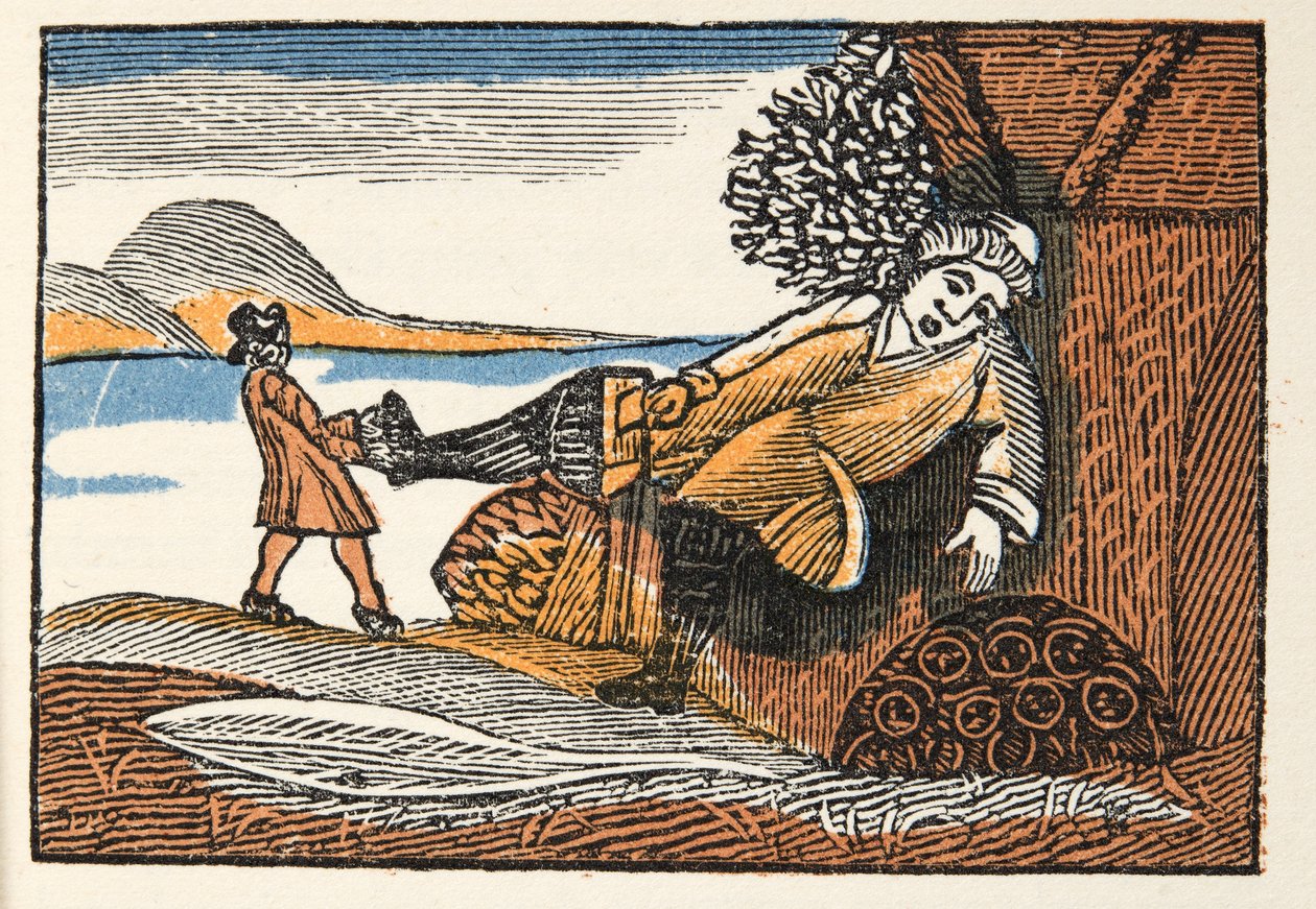 Little Thumb from Histories or Tales of Past Times berättad av Mother Goose, With Morals, av M Perrault, pub. 1925 (handfärgat träblockstryck) av French School