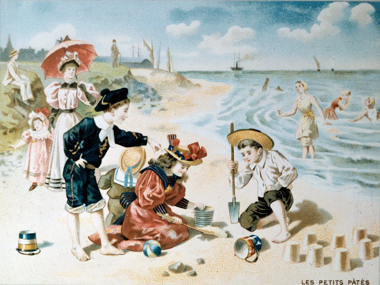 Liten pasta: barn leker på stranden med sand. Illustration från början av 1900-talet (chromolitho) av French School