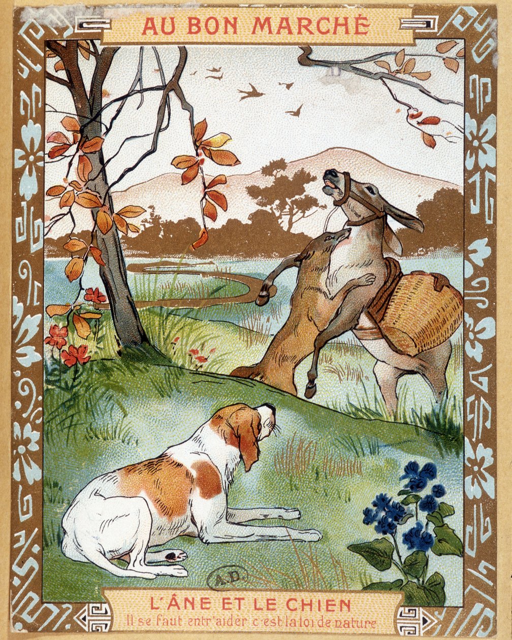 Åsnan och hunden, fabel av La Fontaine - Bon Marché reklametikett av French School