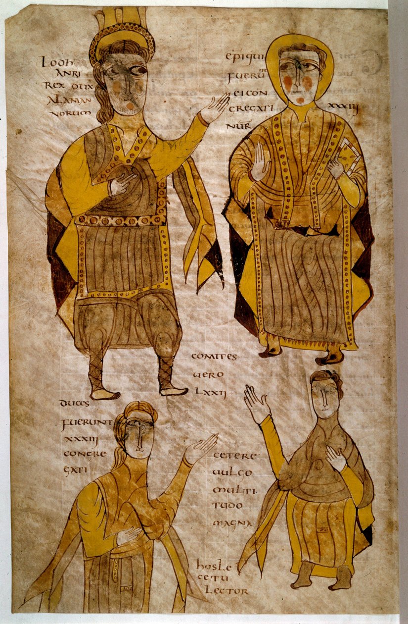 Lodhanri kung av Alamanerna (eller Alemanerna: germansk stam) omger en eveque, en hertig och en greve. Manuskript ""Breviary of Alaric and other legal texts"" (folio 197v), Frankrike, Vallee de la Loire (?), 803-814. Paris, B N av French School