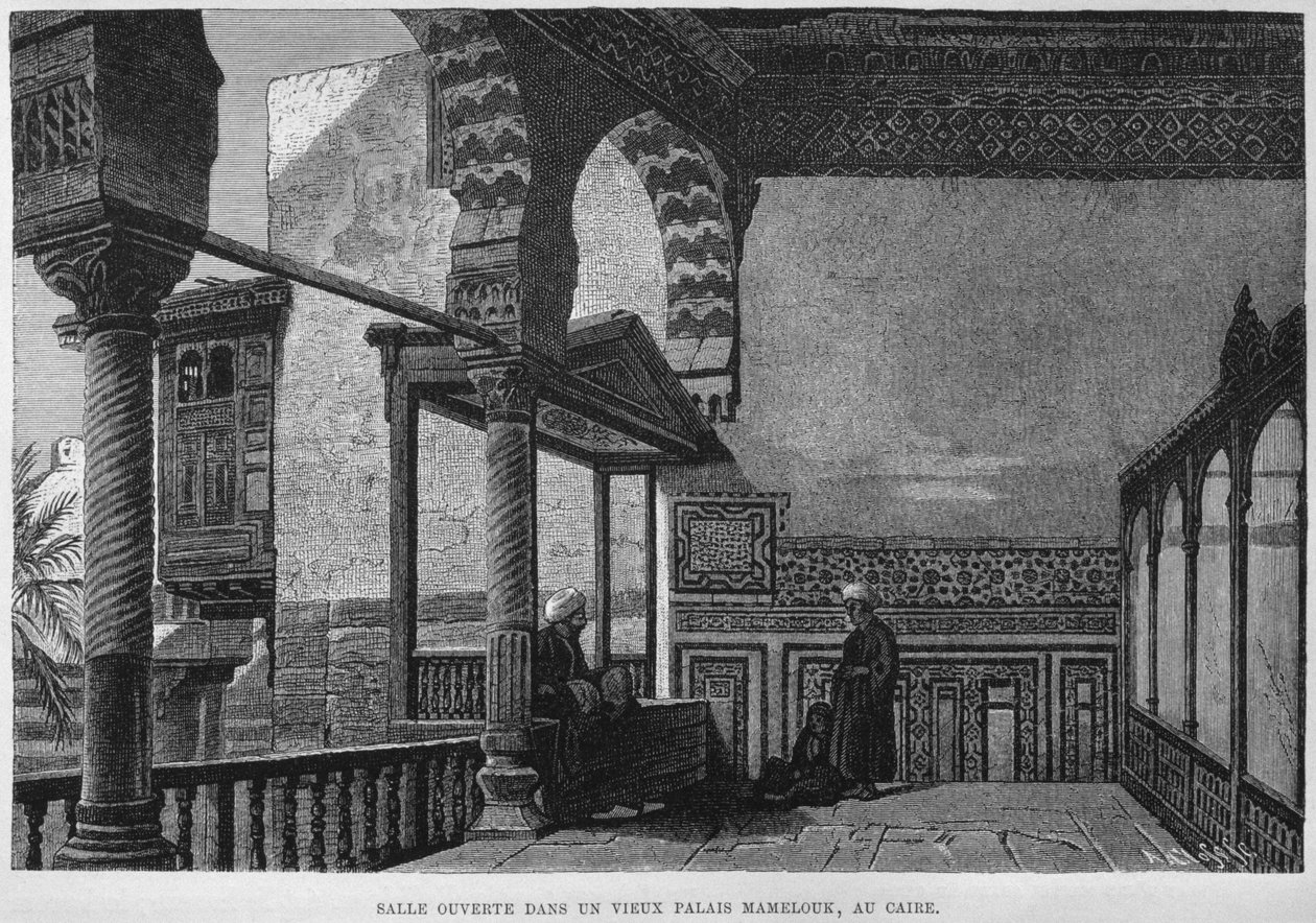 Loggia av Memlook Radnau Beys hus, Kairo, från LEgypte av Georg Moritz Ebers (1837-98), 1881 (bw gravyr) av French School