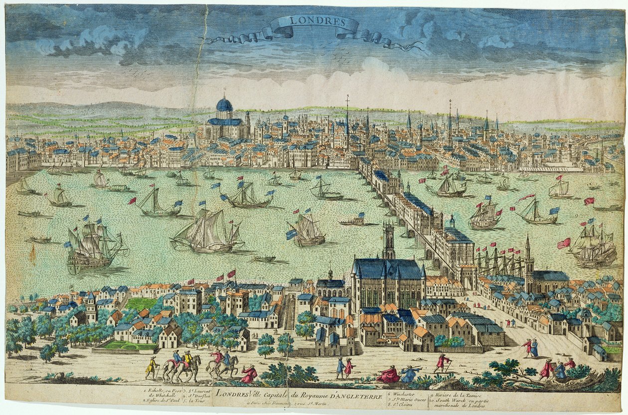 "London, huvudstad i kungariket England", franska, ca 1700 (handkolorerat träsnitt) av French School