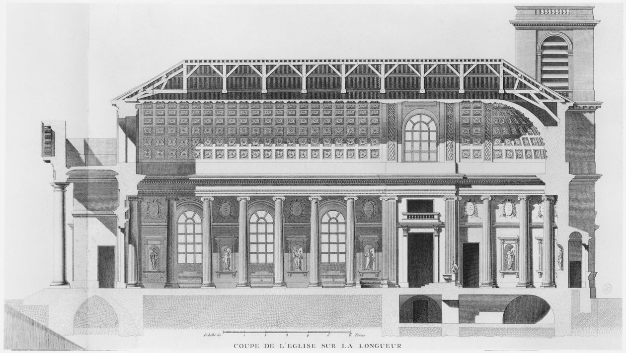Längsgående tvärsnitt av kyrkan Saint-Philippe-du-Roule, Paris av French School