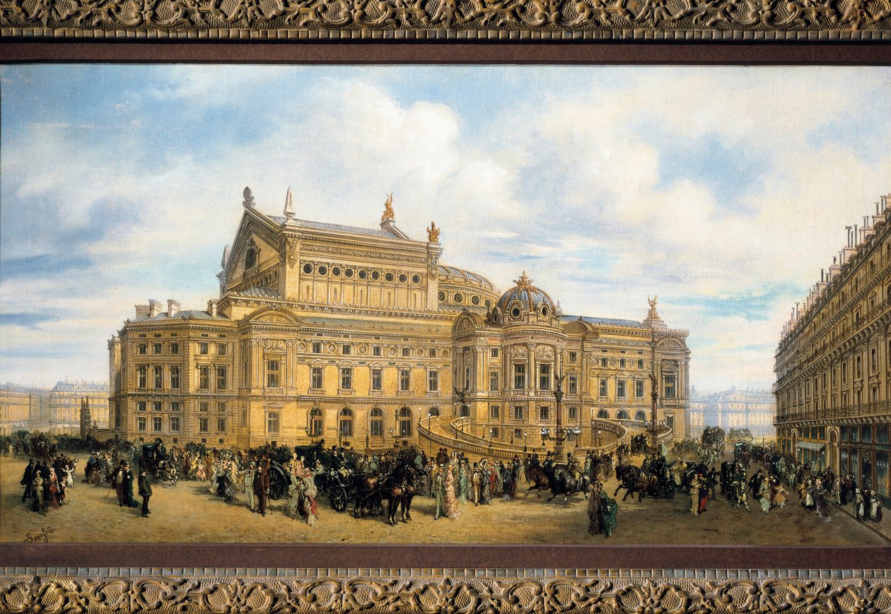 Parisoperan byggd av Charles Garnier, utsikt från Rue Auber (olja på duk) av French School
