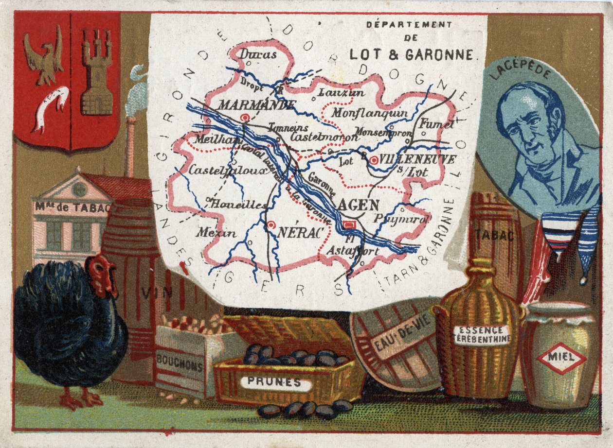 Lot och Garonne (Lot-et-Garonne, 47), Aquitaine, Frankrike. Tobaksfabrik, kalkonuppfödning, vin, korkar, plommon, konjak, bensin. Porträtt av Bernard Germain Etienne de Laville-sur-Illon, greve av Lacepede (eller de la Cepede av French School