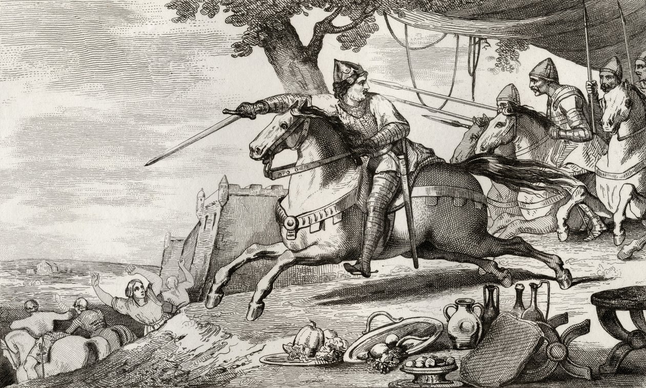 Lothar (941-86) leder sin armé i strid, ur "Histoire de France" av Colart, publicerad omkring 1840. av French School