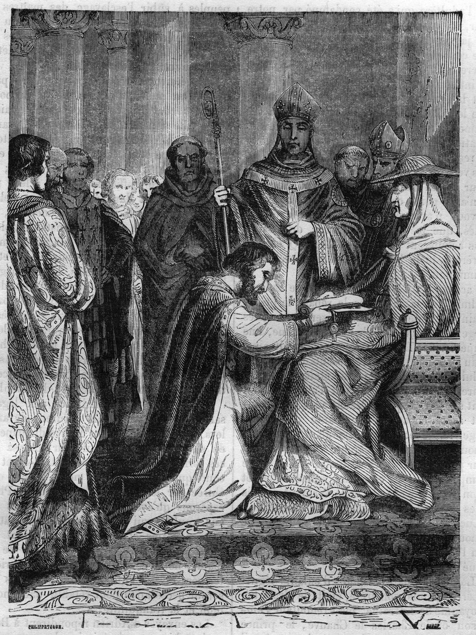 Lotharia I (795-855) vid foten av påven Adrian II (792-872). Gravyr i "Historien om påvarna-kungarna-drottningarna och kejsarna genom århundradena"" av Maurice Lachatre av French School