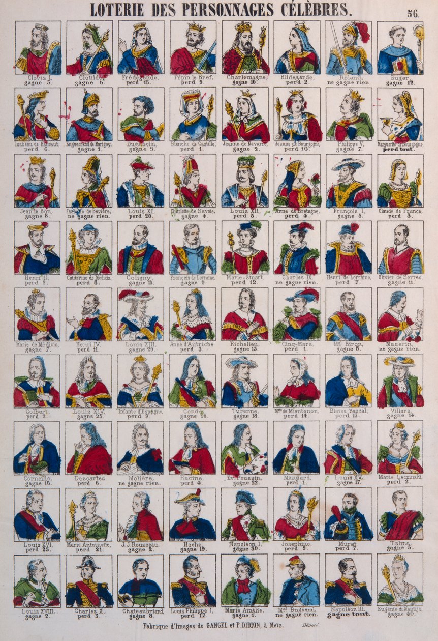Lottery of Celebrated Persons, publicerad av Gangel & P. Didion, Metz, ca 1870 av French School