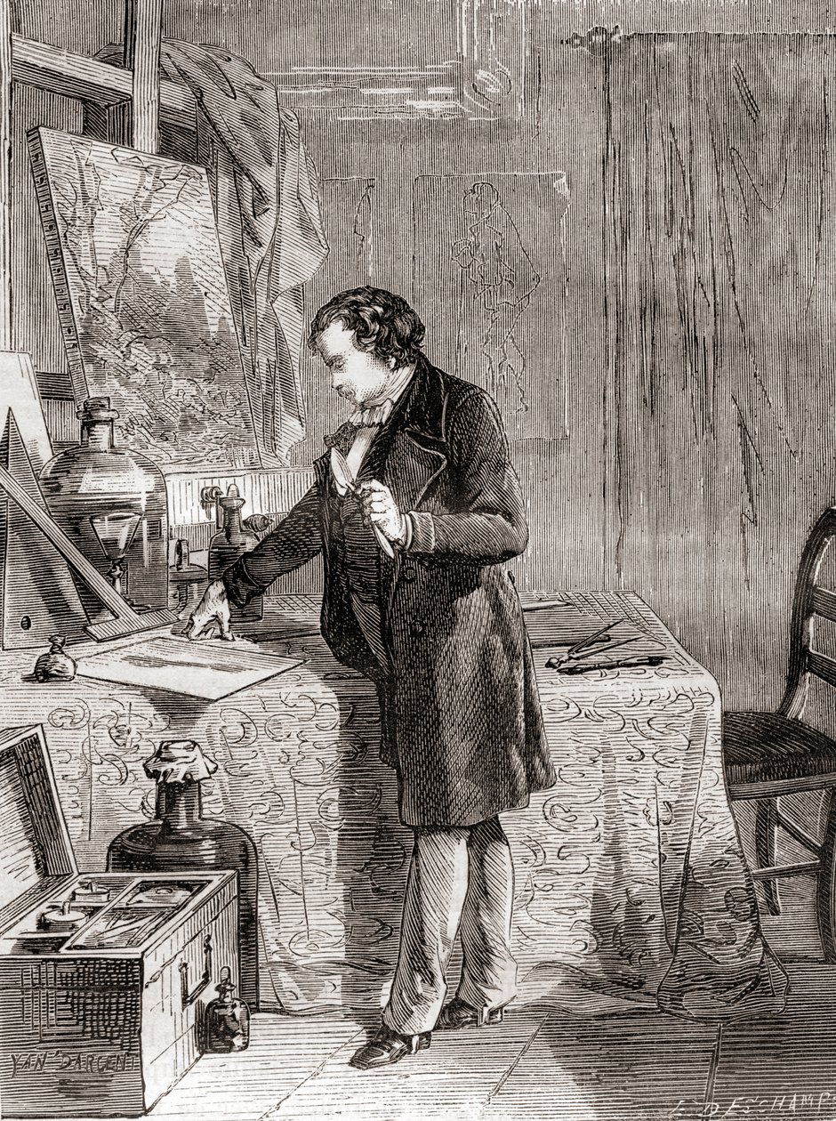 Louis-Jacques-Mandé Daguerre uppfinner den fotografiska processen daguerreotyp på 1800-talet, från Les Merveilles de la Science, publicerad ca 1870 (gravyr) av French School