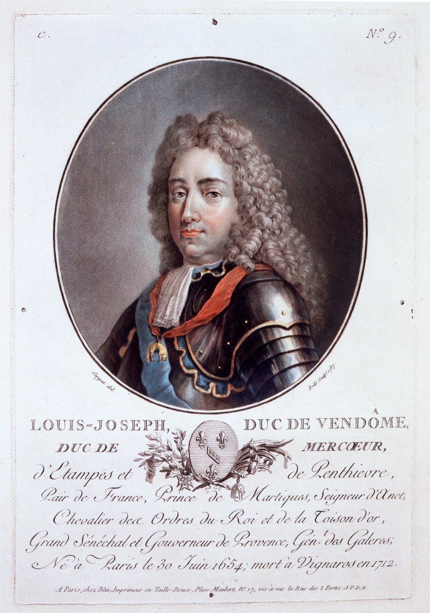 Louis-Joseph, Duc de Vendome, från Portraits of Great Men, Illustrious Women, and Memorable Subjects of France, publicerad 1787-92 av French School