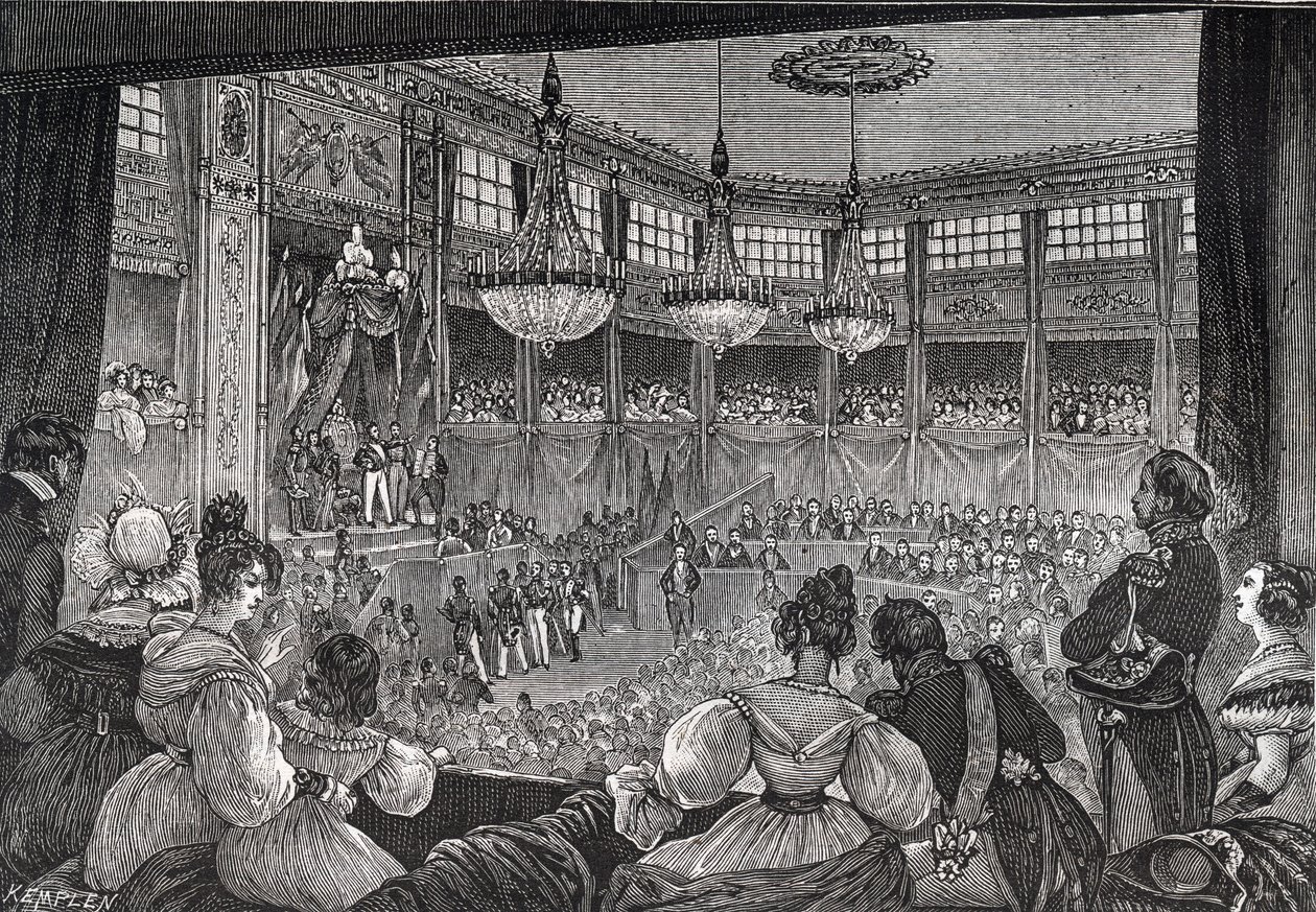 Louis-Philippe I svurs in som kung inför deputeradekammaren, 9 augusti 1830 - Revolutionen 1830: "" Kung Louis Philippe I (1773-1850) svor att behålla 1830 års stadga i närvaro av kamrarna som återförenades i provisoriska salen i Pa av French School