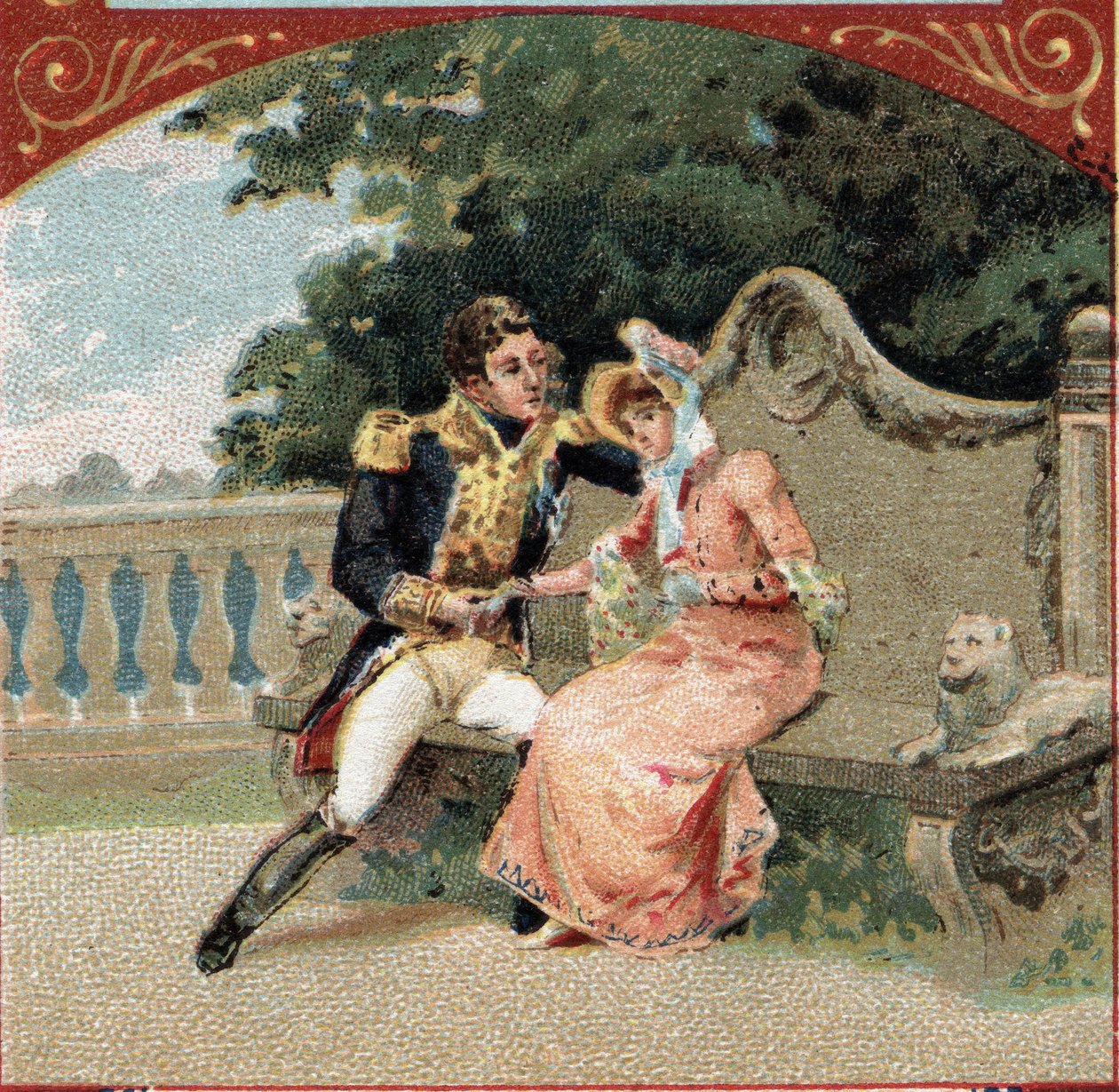 Louis Alexandre (Louis-Alexandre) Berthier (1753-1815), prins av Wagram, med Madame Visconti, hans älskarinna, på Chateau de Grosbois. Kromolitografi från slutet av 1800-talet av French School