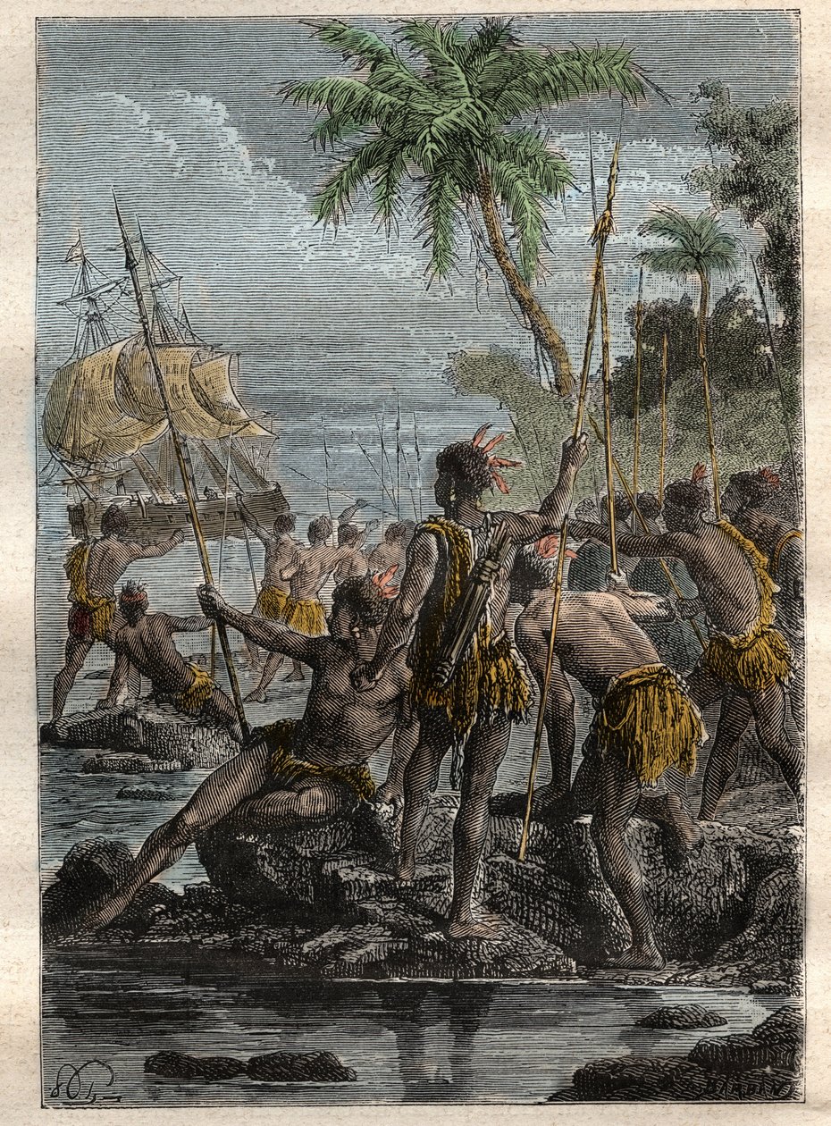 Louis Antoine, greve av Bougainville (1729-1811) anlände till Ile des Lancies (Franska Polynesien) 1768 - illustration hämtad från "The Grands Mariners of the 18th century" av French School