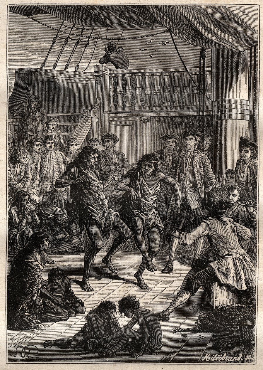 Louis Antoine, greve av Bougainville (1729-1811) tog emot invånarna i Bay Fortescue (Detroit of Magellan) i sin båt "" La Boudeuse""" 1768 - illustration från "The Great Mariners of the 18th century" av French School