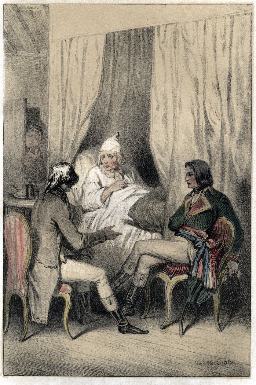 Louis Antoine Fauvelet de Bourienne (1769-1834), fransk diplomat och administratör, och general Napoleon Bonaparte (1769-1821) bad en sjuk gammal kapitalist om pengar till den italienska kampanjen. Tallrik hämtad från "" Scenes de la vie des hommes berömda av French School