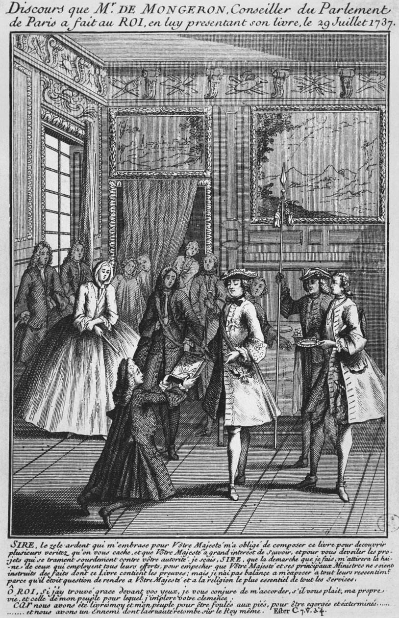 Louis Basile Carre de Montgeron erbjuder sin bok om diakon Francois de Paris och konvulsionärerna i Saint-Medard till kung Ludvig XV, 1737 av French School