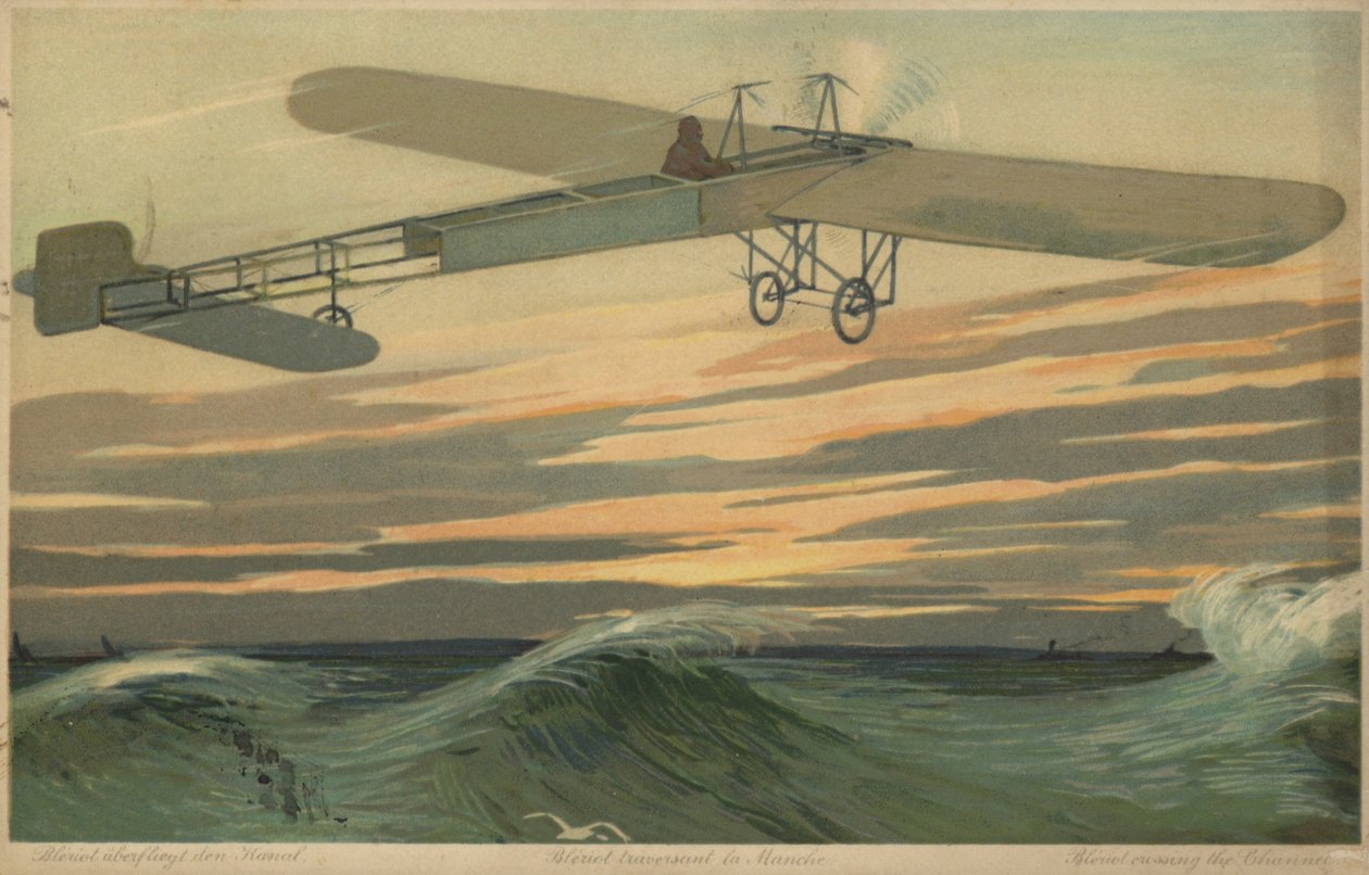 Louis Bleriot gör den första flygningen över Engelska kanalen i ett tyngre än luft-flygplan, 25 juli 1909 (färglitografi) av French School