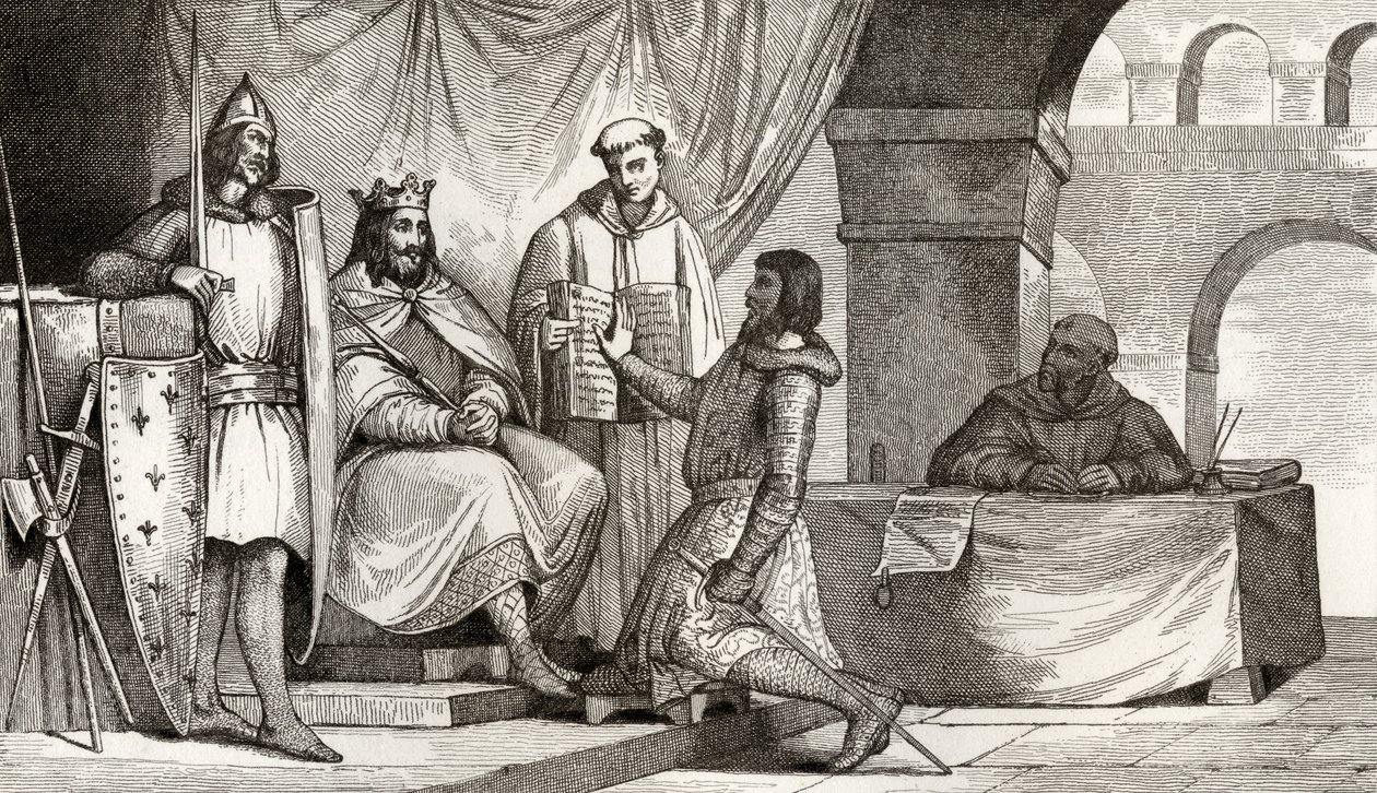 Ludvig II (848-79), Stammerer, tar emot en trohetsed från en adelsman, ur "Histoire de France" av Colart, publicerad omkring 1840. av French School