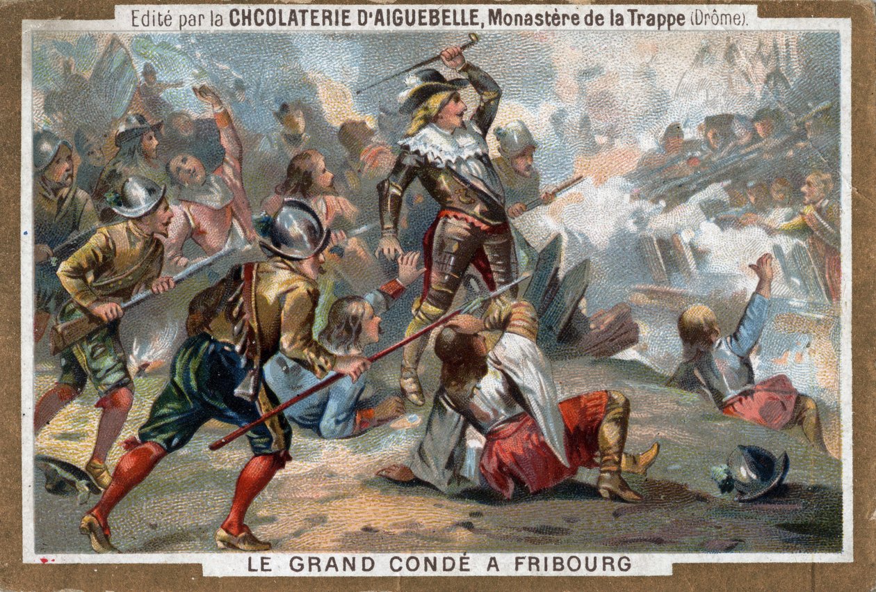 Ludvig II av Bourbon, Prins av Conde (Bourbon-Conde), känd som Le Grand Conde, vid slaget vid Fribourg 1644. Kromolitografi av 1800-talet. av French School