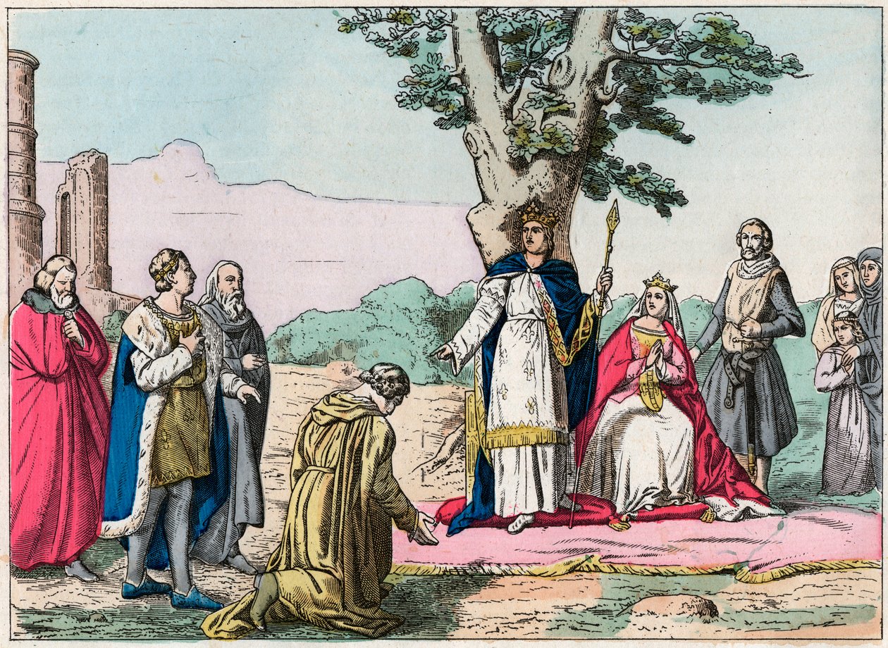 Louis IX, dit "Saint-Louis"" (1214-1270) ger rättvisa åt alla sina undersåtar i Bois de Vincennes - Saint Louis (1214-1270) ger rättvisa - Gravyr från slutet av 1800-talet i "Nos Gires Nationales - Bilder och reciter"" av French School