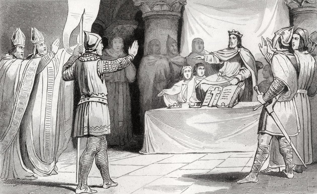 Ludvig I (778-840) den fromme vid hovet, ur "Histoire de France" av Colart, publicerad omkring 1840. av French School