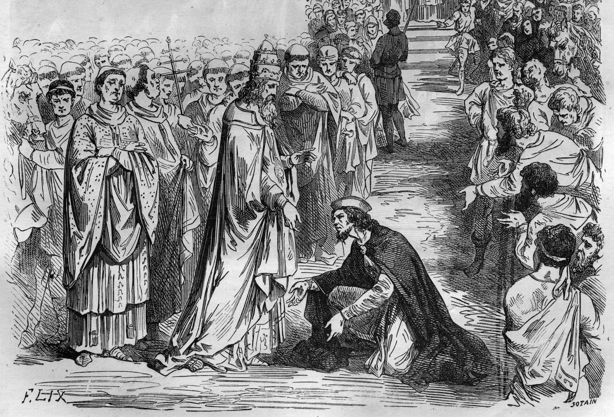 Ludvig I den fromme eller Debonnaire (778-840) vid påven Stefan V:s knän (Stefano, påve från 896 till 897). Gravyr i "Histoire des Papes-Rois-Queen and Empereurs a travers les centuries"" av Maurice Lachatre av French School