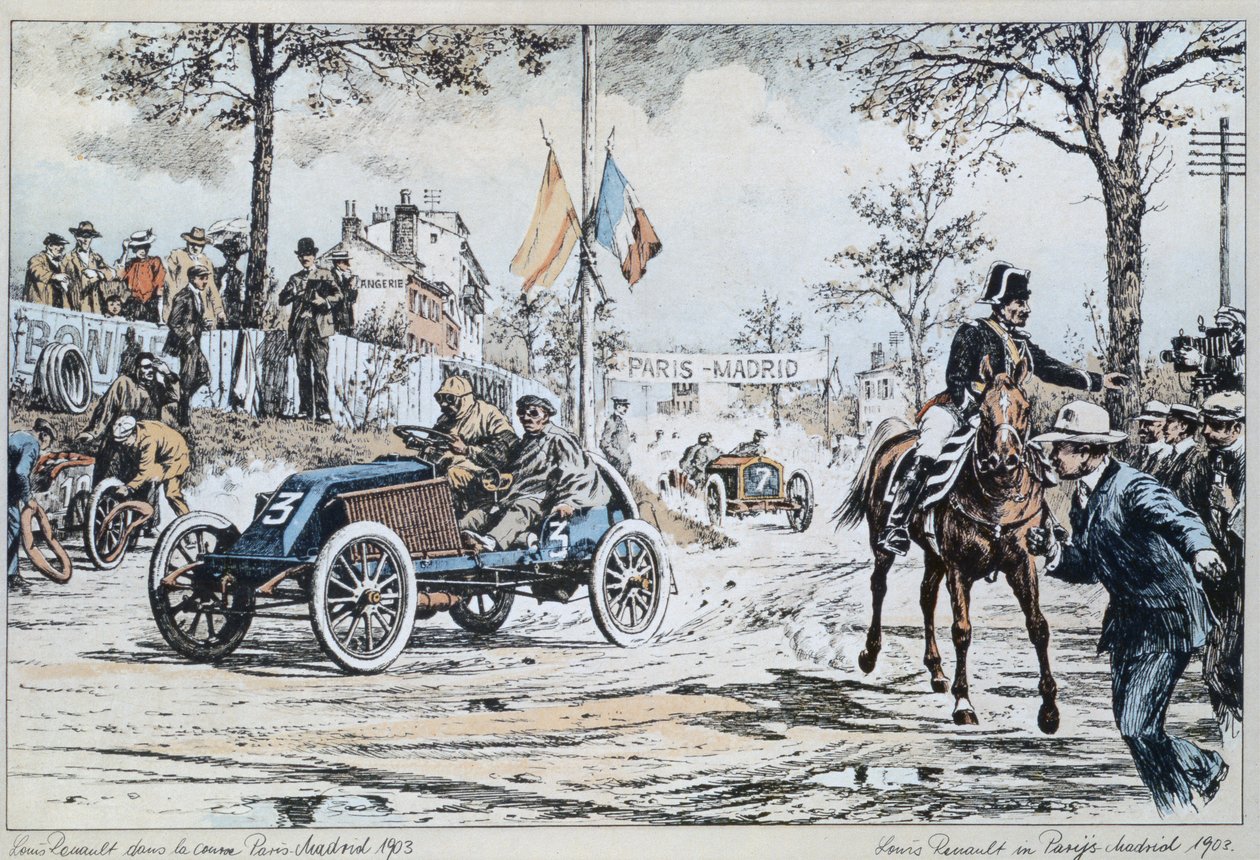 Louis Renault körde i Paris till Madrid-loppet 1903, c.1903 av French School