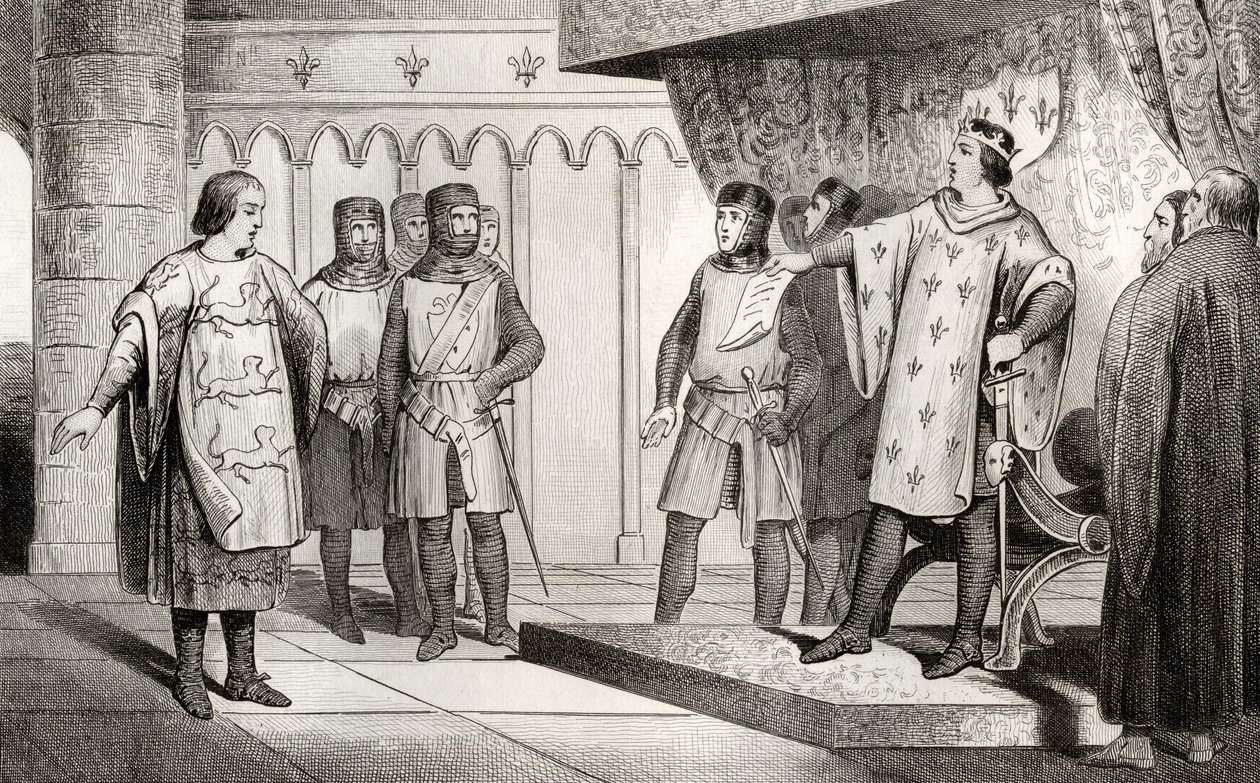 Lejonet Ludvig VIII (1187-1226) tar emot ett sändebud från sin fiende Henrik III (1207-72) av England, ur "Histoire de France" av Colart, publicerad omkring 1840. av French School