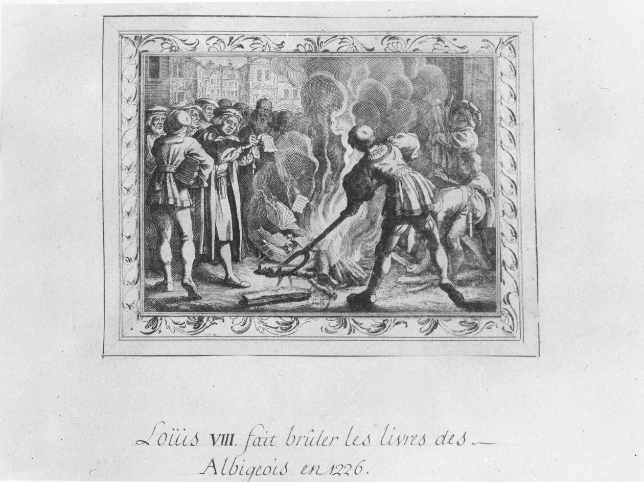 Ludvig VIII bränner de albigensiska böckerna 1226 (gravyr) av French School