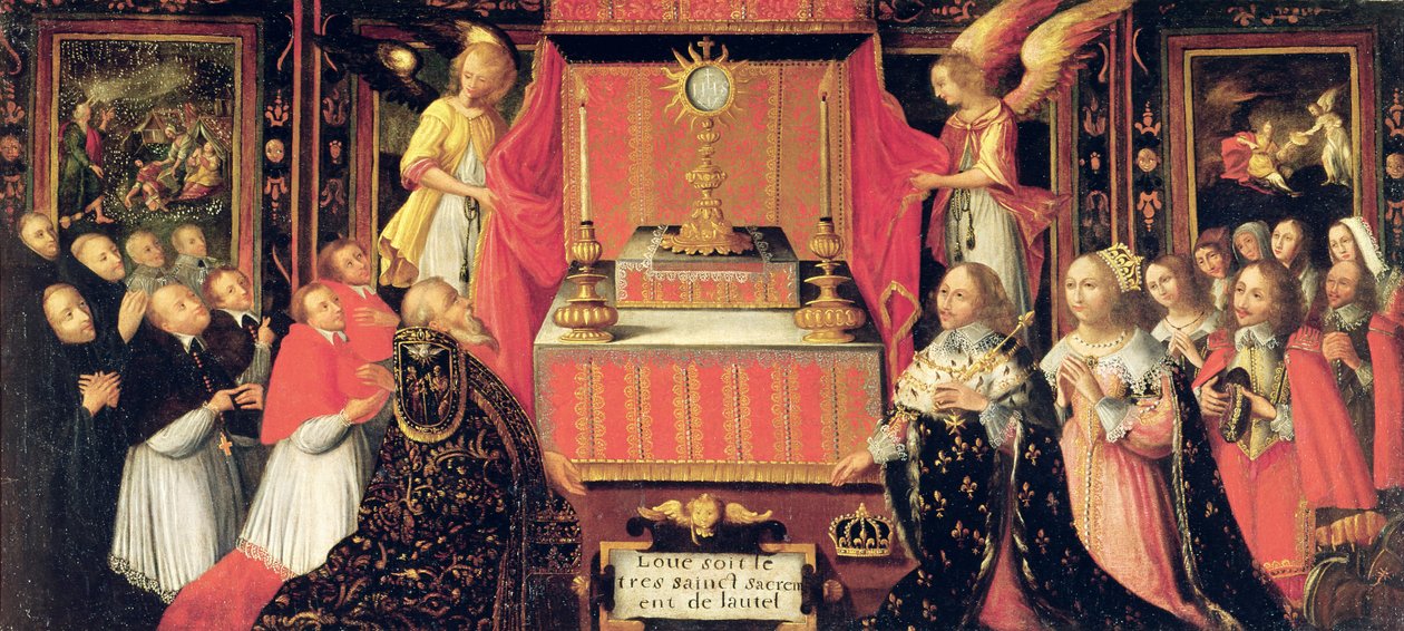 Ludvig XIII (1601-43) Anna av Österrike (1601-66) Infanta av Spanien och Gaston de France (1608-60) hertig av Orleans före det heliga sakramentet av French School