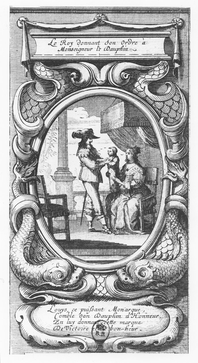Ludvig XIII, kung av Frankrike ger order till Monseigneur le Dauphin (gravyr) av French School