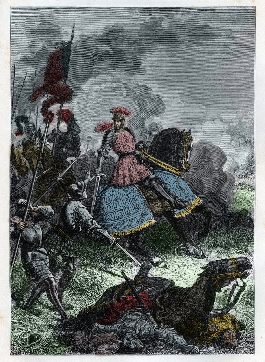 Ludvig XII i slaget vid Agnadel nära Crema i Lombardiet som kungen vann över venitierna den 14 maj 1509 - Slaget vid Agnadello - Ludvig XII av Frankrike besegrar venetianerna - gravyr från "" L