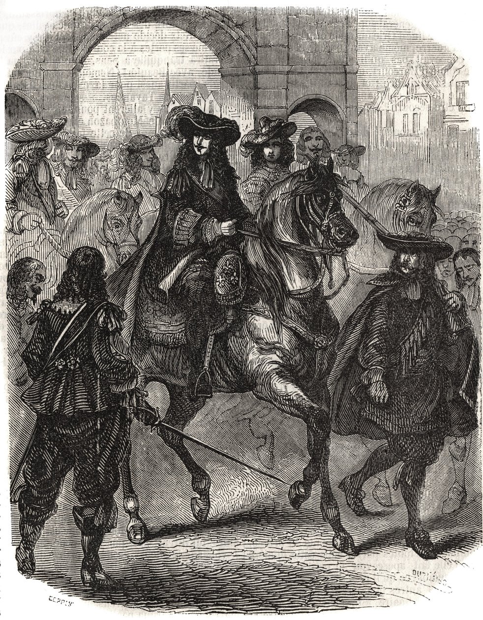 Ludvig XIV (1638-1715) och hans hustru Marie Therese (Marie-Therese) av Österrike (1638-1683) reste in i Paris 1660. Gravyr i "" Histoire de France"" av L.-P. Anguetil av French School