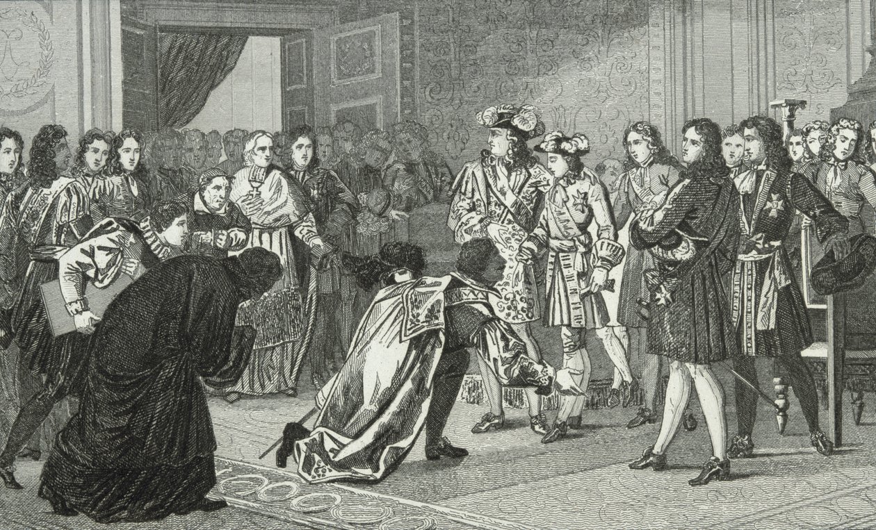 Solkungen Ludvig XIV (1638-1715) presenterar sitt barnbarn Philippe V (1683-1746) för de spanska sändebuden, från 