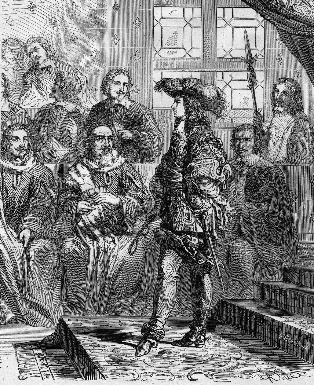 Ludvig XIV (1638 - 1715) var 17 år gammal 1652 inför parlamentet och tvingade presidenten att upplösa församlingen. Gravyr i "" Histoire De France En Cent-målningar av Paul Lehugeur "" 1891. av French School