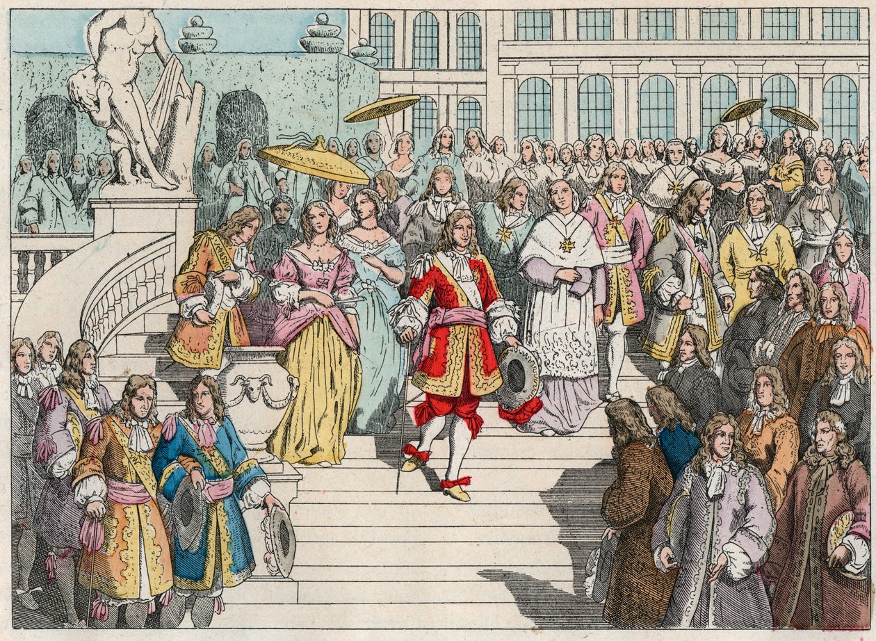 Ludvig XIV (Louis 14) och hans hov i Versailles - Ludvig XIV av Frankrike och hans hov i Versailles - Gravyr från slutet av 1800-talet i "" Nos Gires Nationales - Images et recits"" av French School