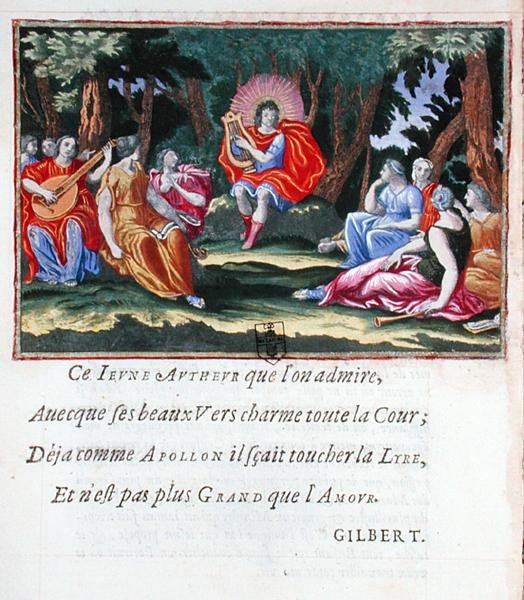 Ludvig XIV som Apollon med de nio muserna, från "La Lyre du jeune Apollon ou La Muse naissante", diktsamling av Francois de Beauchateau (f.1645). av French School