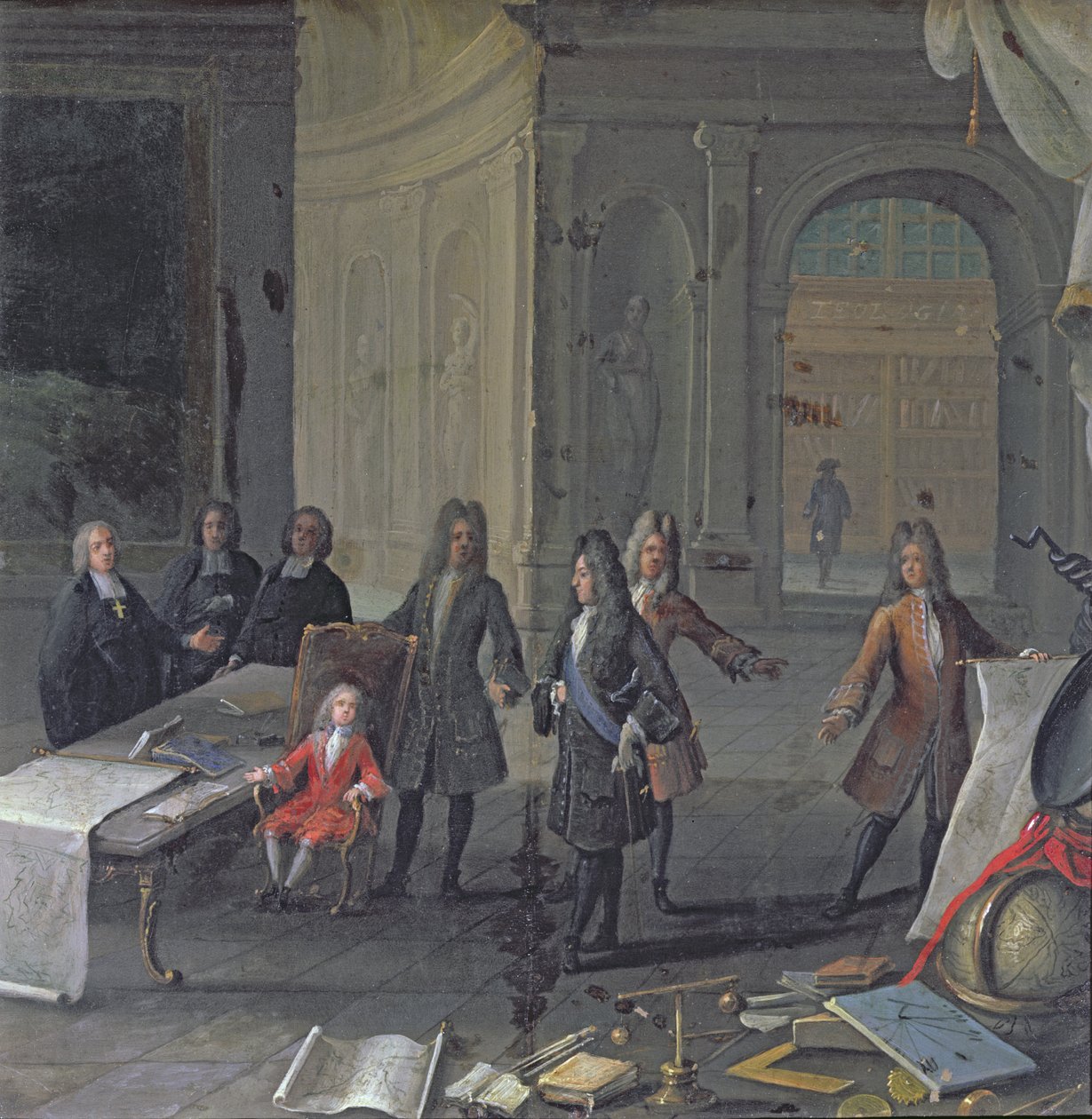 Ludvig XIV deltar i en lektion av sitt barnbarn, den blivande Ludvig XV, ca 1715 av French School