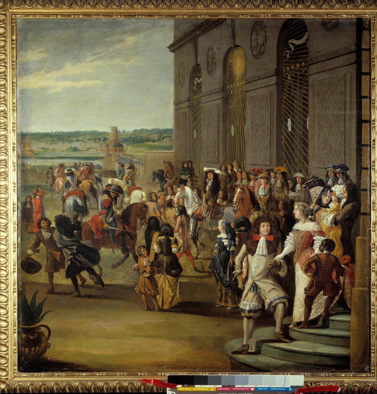 Ludvig XIV följt av Grand Dauphin som rider framför Thetis-grottan (Thetys) i Versailles Kung Ludvig XIV (1638-1715) och hans son Ludvig av Frankrike kallad Grand Dauphin (1661-1711) framför Thetis-grottan (Thetys) omgiven av hovmän av French School