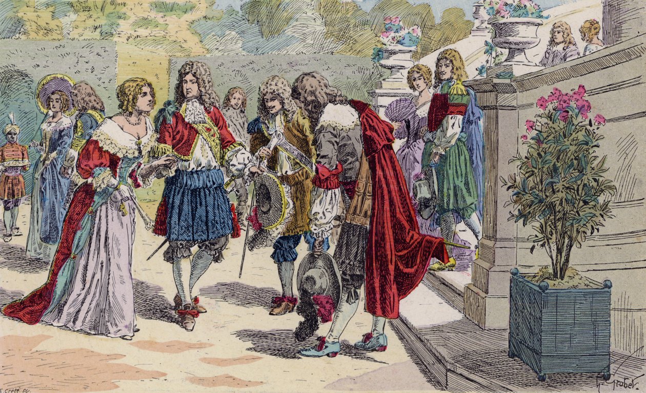 Ludvig XIV av Frankrike och hans hov i Versailles (färglitografi) av French School