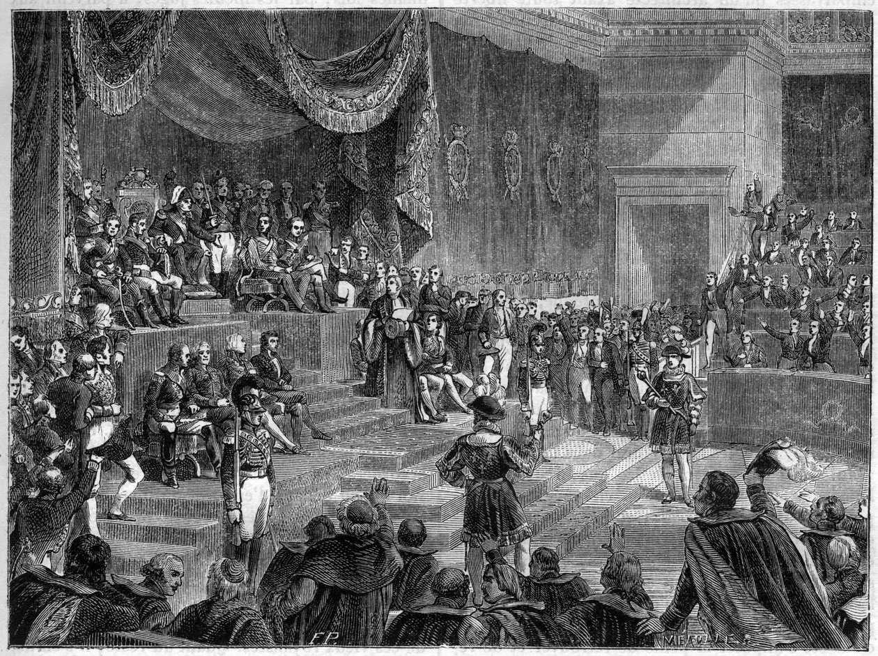 Ludvig XVIII och inrättandet av den konstitutionella monarkin - konstitutionell stadga av 4 juni 1814 - Ludvig XVIII presiderar över öppnandet av kamrarnas session den 4 juni 1814 i Palais Bourbon i Paris - i "Histoire de l