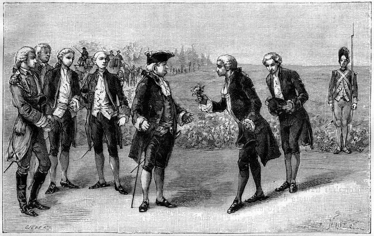 Ludvig XVI (1754-1793) besökte det första potatisfältet på Sablonslätten (dagens avenue de la Grande Armee, Paris), Antoine Augustin Parmentier (1737-1813) erbjöd honom potatisblommor, omkring 1785. Gravyr i " "La Nature. Revue des sciences av French School