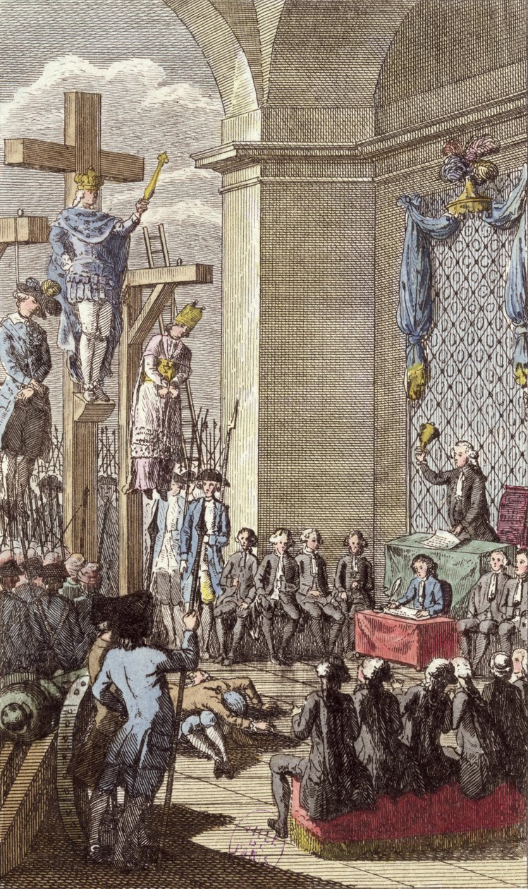 Ludvig XVI (1754-93) vid sin rättegång, korsfäst mellan adeln och prästerskapet, ca 1792 av French School