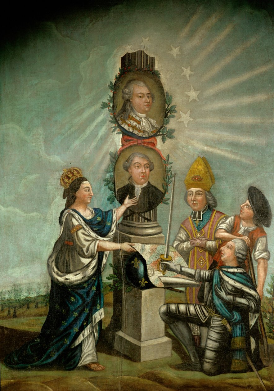 Ludvig XVI och hans finansminister Jacques Necker, beundrad av de tre stånden i Frankrike, aristokratin, prästerskapet och bourgeoisin... av French School