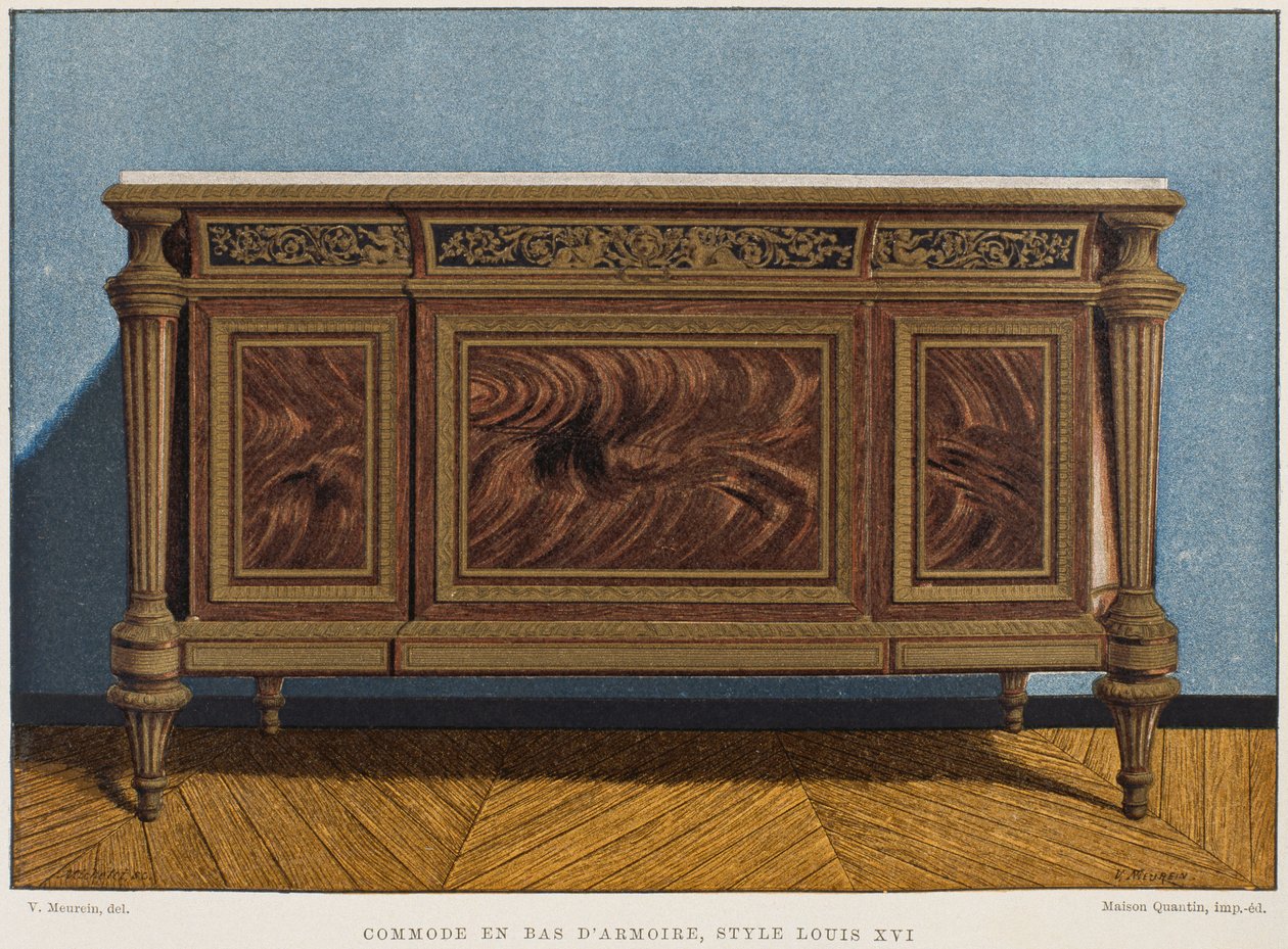 Louis XVI byrå som garderobsbotten, illustration från Dictionnaire de lameublement et de la dekoration av Henry Havard, volym 1, tallrik 54, Paris, Maison Quantin, 1878 av French School