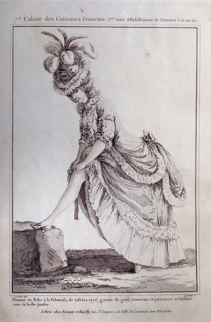Louis XVI mode: ett fotporträtt av en ung kvinna i en polsk klänning i randig taft. Gravyr från 1778. Paris, dekorativ konst av French School