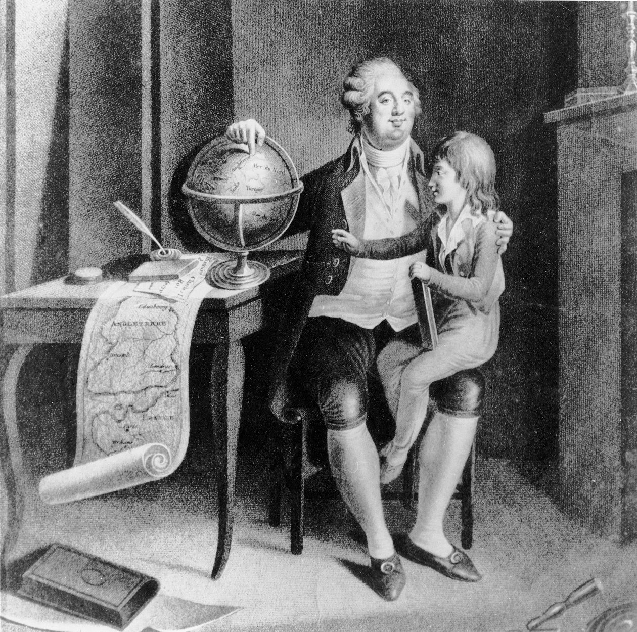 Ludvig XVI undervisar geografi åt Dauphin (litho) av French School